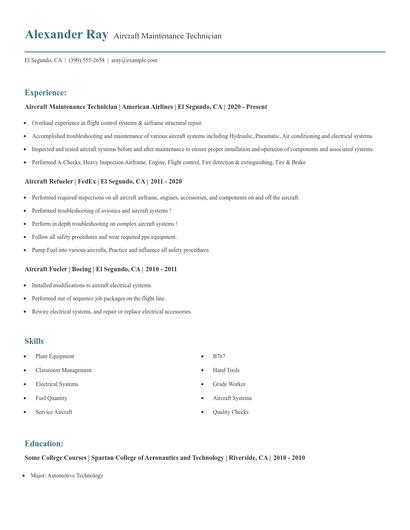 Aircraft Maintenance Technician Resume