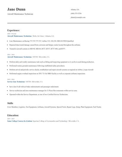 Aircraft Maintenance Technician Resume
