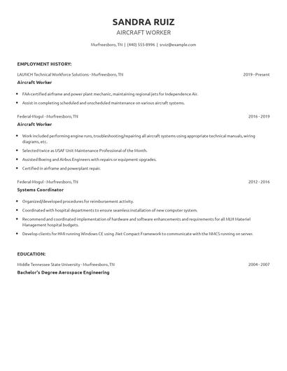 Aircraft Worker Resume