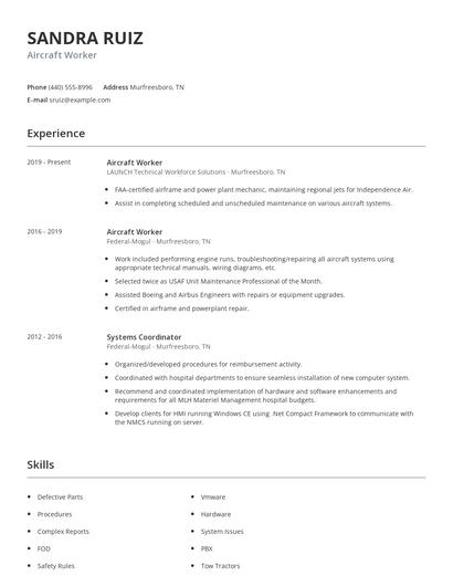 Aircraft Worker Resume