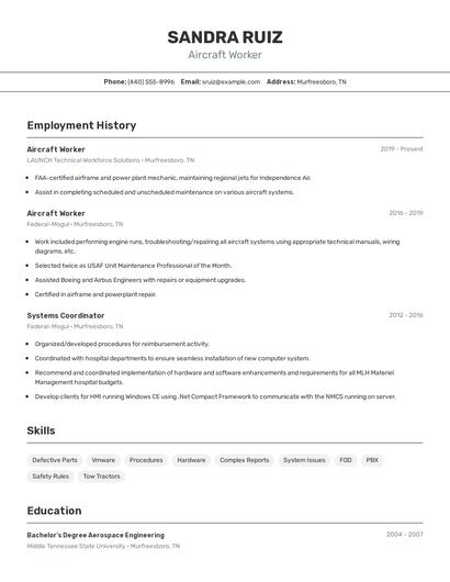 Aircraft Worker Resume
