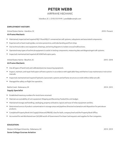 Airframe Mechanic Resume
