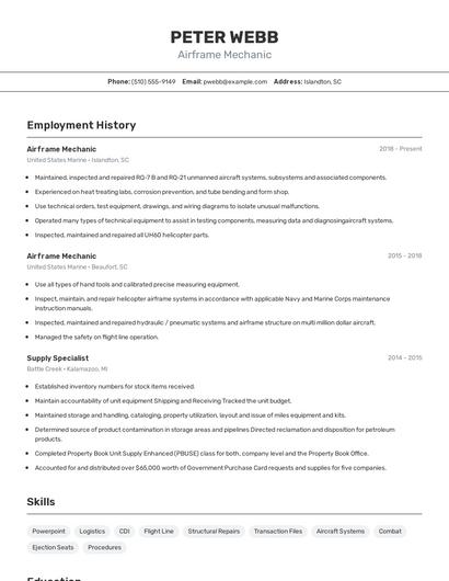 Airframe Mechanic Resume