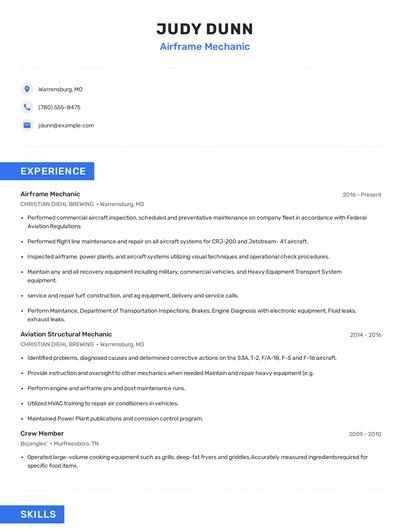 Airframe Mechanic Resume