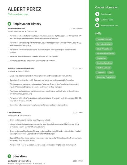 Airframe Mechanic Resume