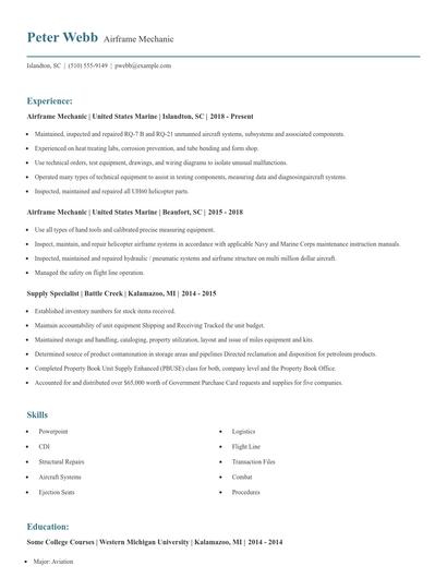 Airframe Mechanic Resume