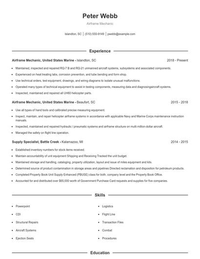 Airframe Mechanic Resume