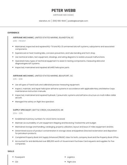 Airframe Mechanic Resume