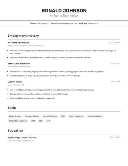 Airframe Technician Resume