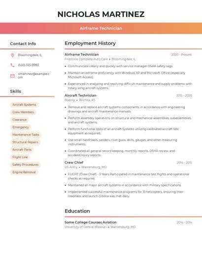 Airframe Technician Resume