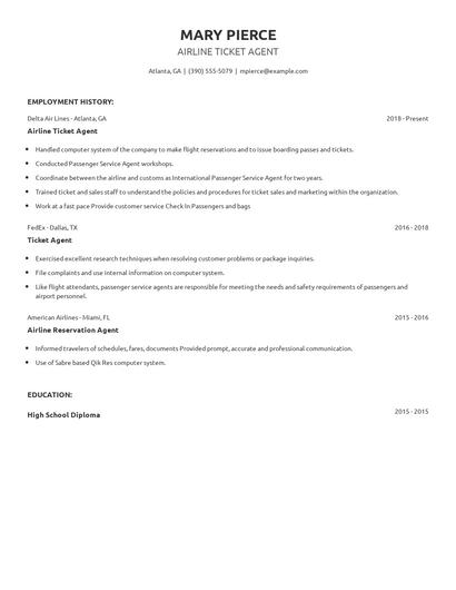 Airline Ticket Agent Resume