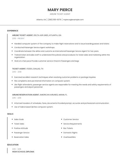 Airline Ticket Agent Resume