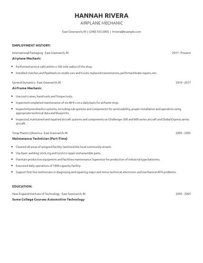 Airplane Mechanic Resume