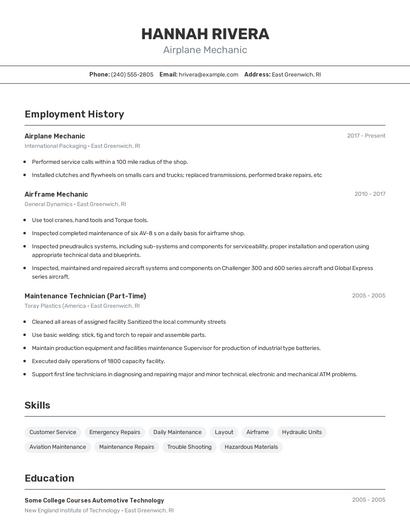 Airplane Mechanic Resume