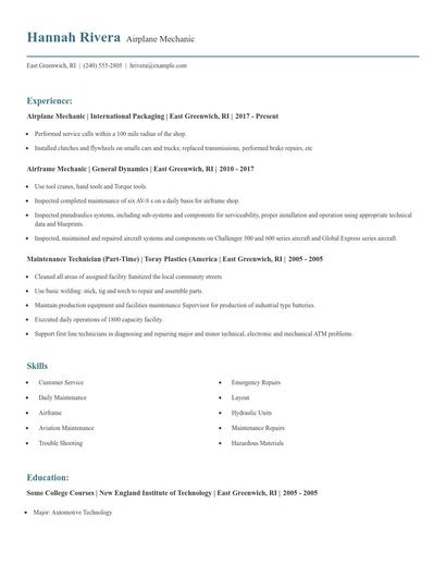 Airplane Mechanic Resume