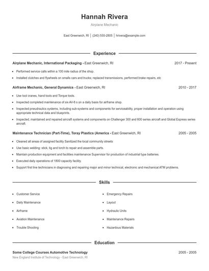 Airplane Mechanic Resume