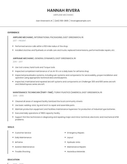 Airplane Mechanic Resume