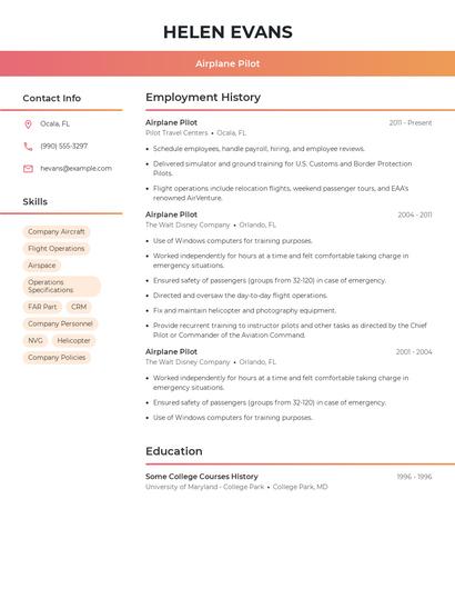 Airplane Pilot Resume