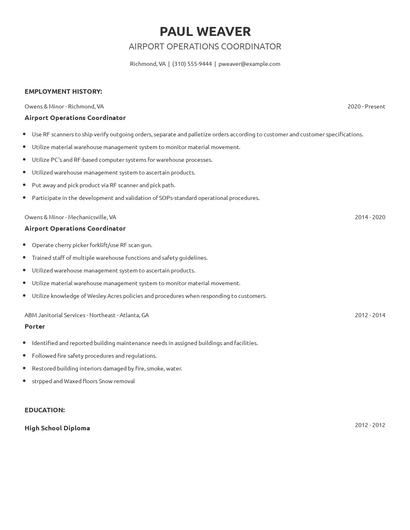 Airport Operations Coordinator Resume