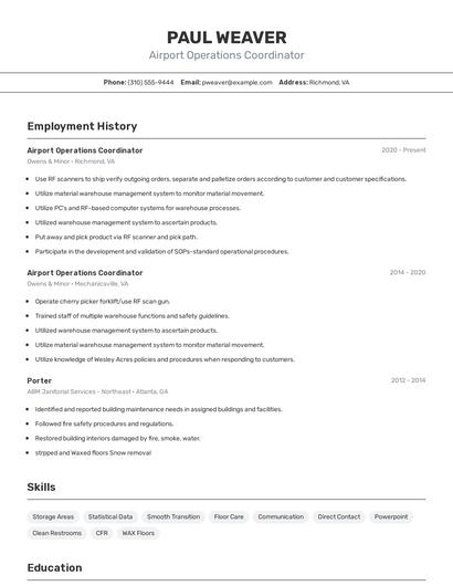 Airport Operations Coordinator Resume