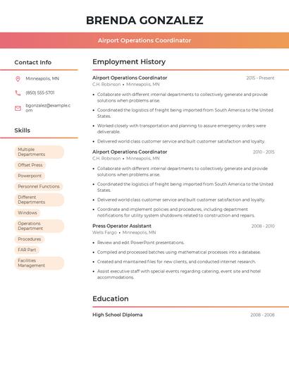 Airport Operations Coordinator Resume