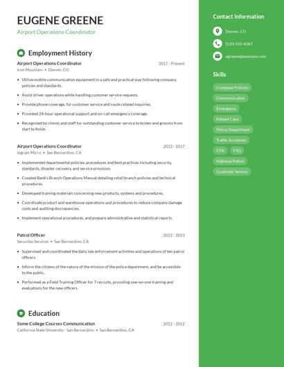 Airport Operations Coordinator Resume