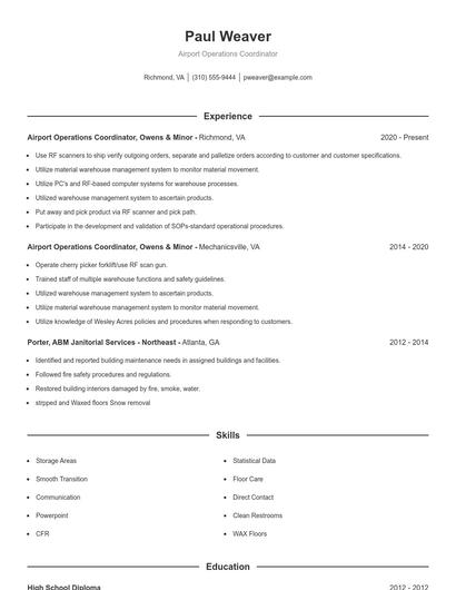 Airport Operations Coordinator Resume