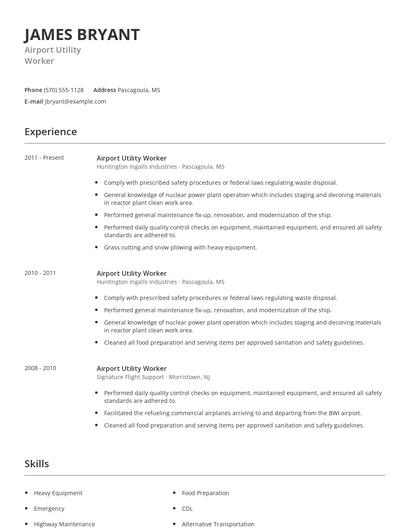 Airport Utility Worker Resume