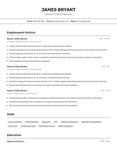 Airport Utility Worker Resume