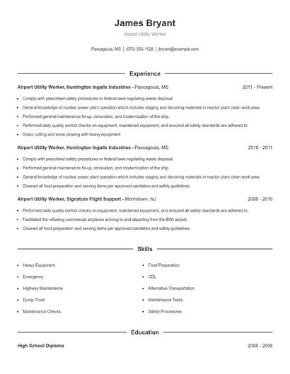 Airport Utility Worker Resume