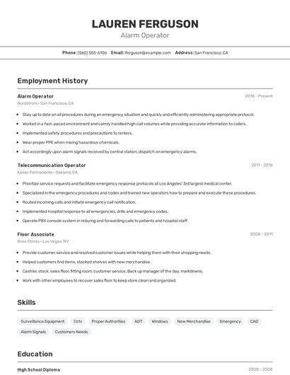 Alarm Operator Resume