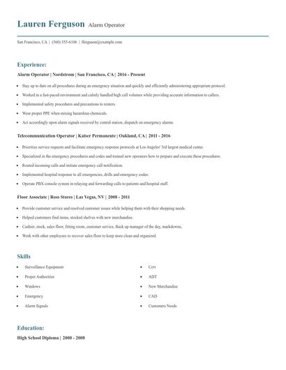 Alarm Operator Resume