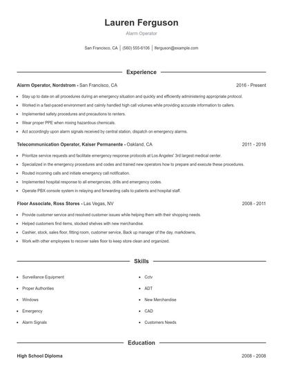 Alarm Operator Resume