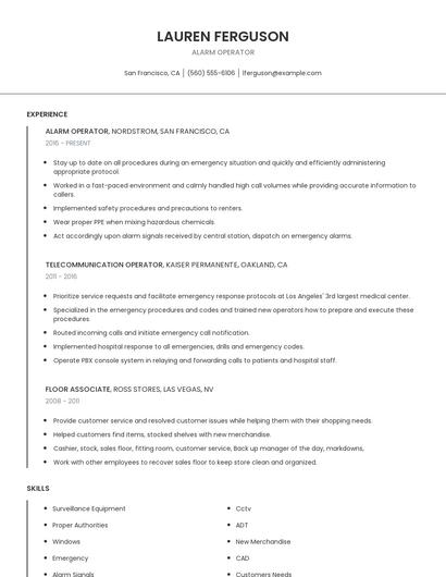Alarm Operator Resume