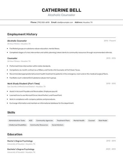Alcoholic Counselor Resume