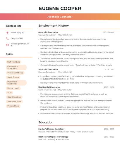 Alcoholic Counselor Resume