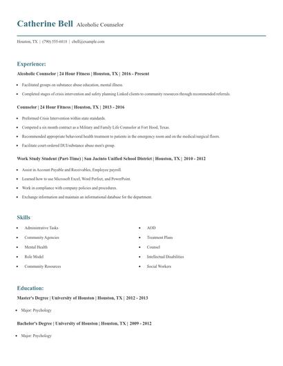 Alcoholic Counselor Resume