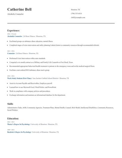 Alcoholic Counselor Resume