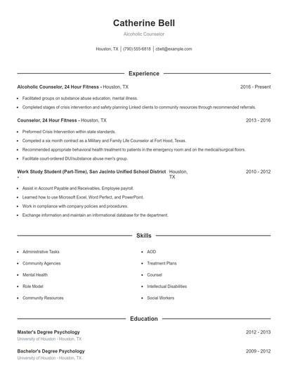 Alcoholic Counselor Resume