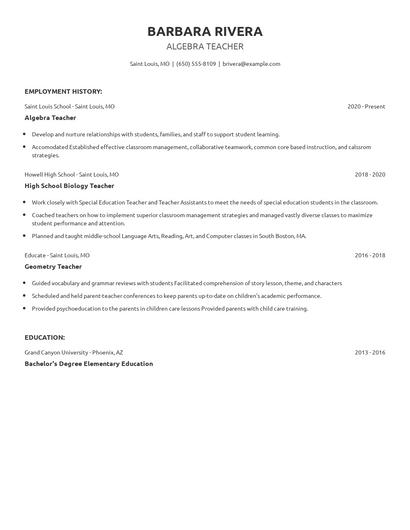Algebra Teacher Resume