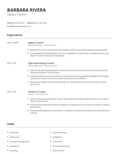 Algebra Teacher Resume