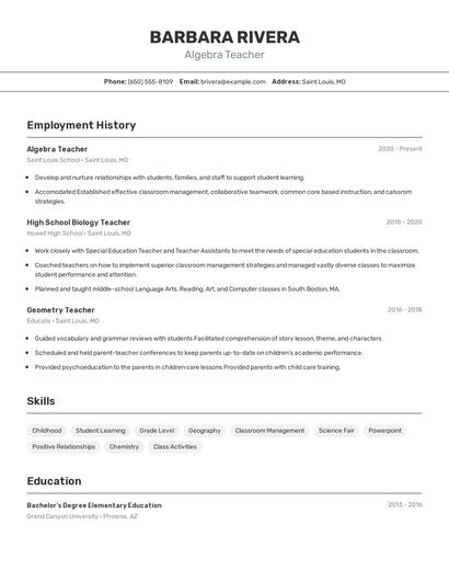 Algebra Teacher Resume