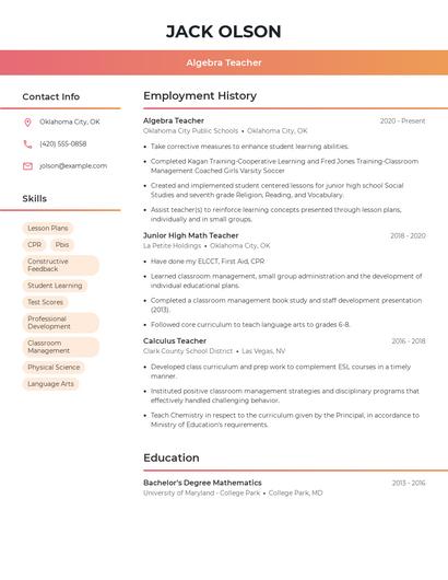 Algebra Teacher Resume