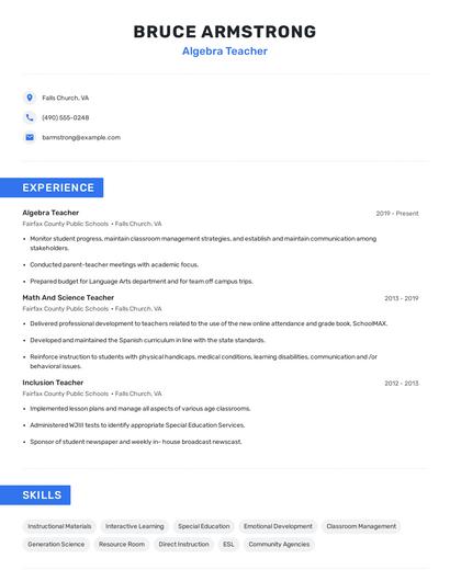 Algebra Teacher Resume