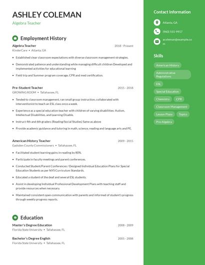 Algebra Teacher Resume