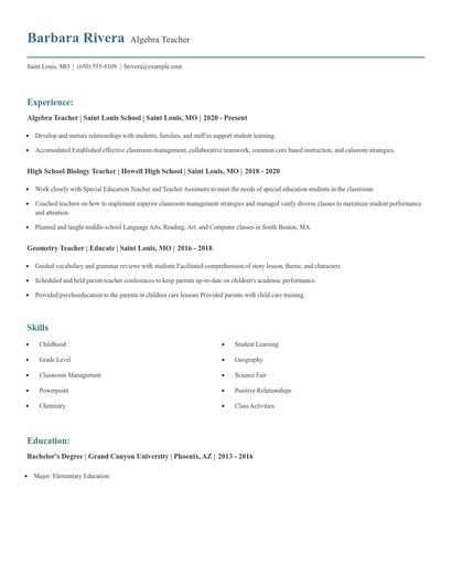 Algebra Teacher Resume