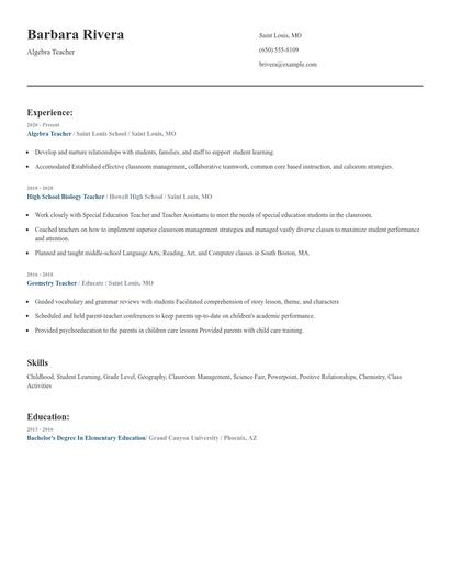 Algebra Teacher Resume