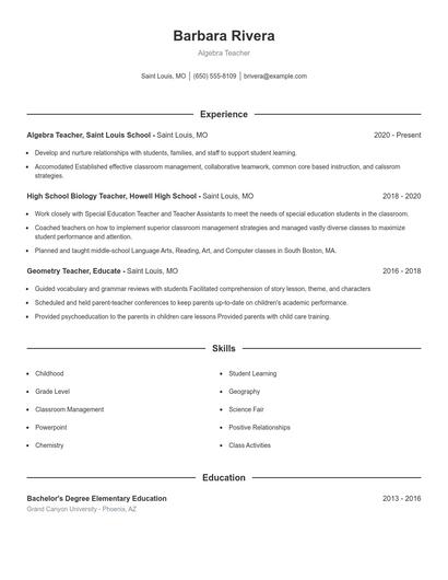 Algebra Teacher Resume
