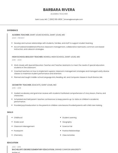Algebra Teacher Resume