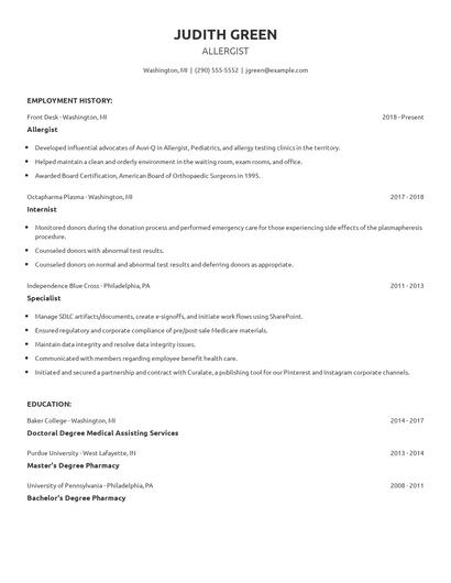 Allergist Resume